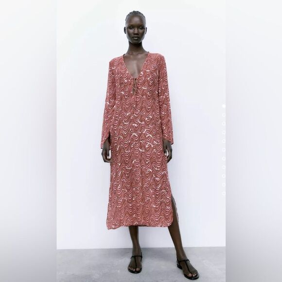 ZARA NWT WOMAN BEADED MIDI DRESS PINK - Picture 5 of 11